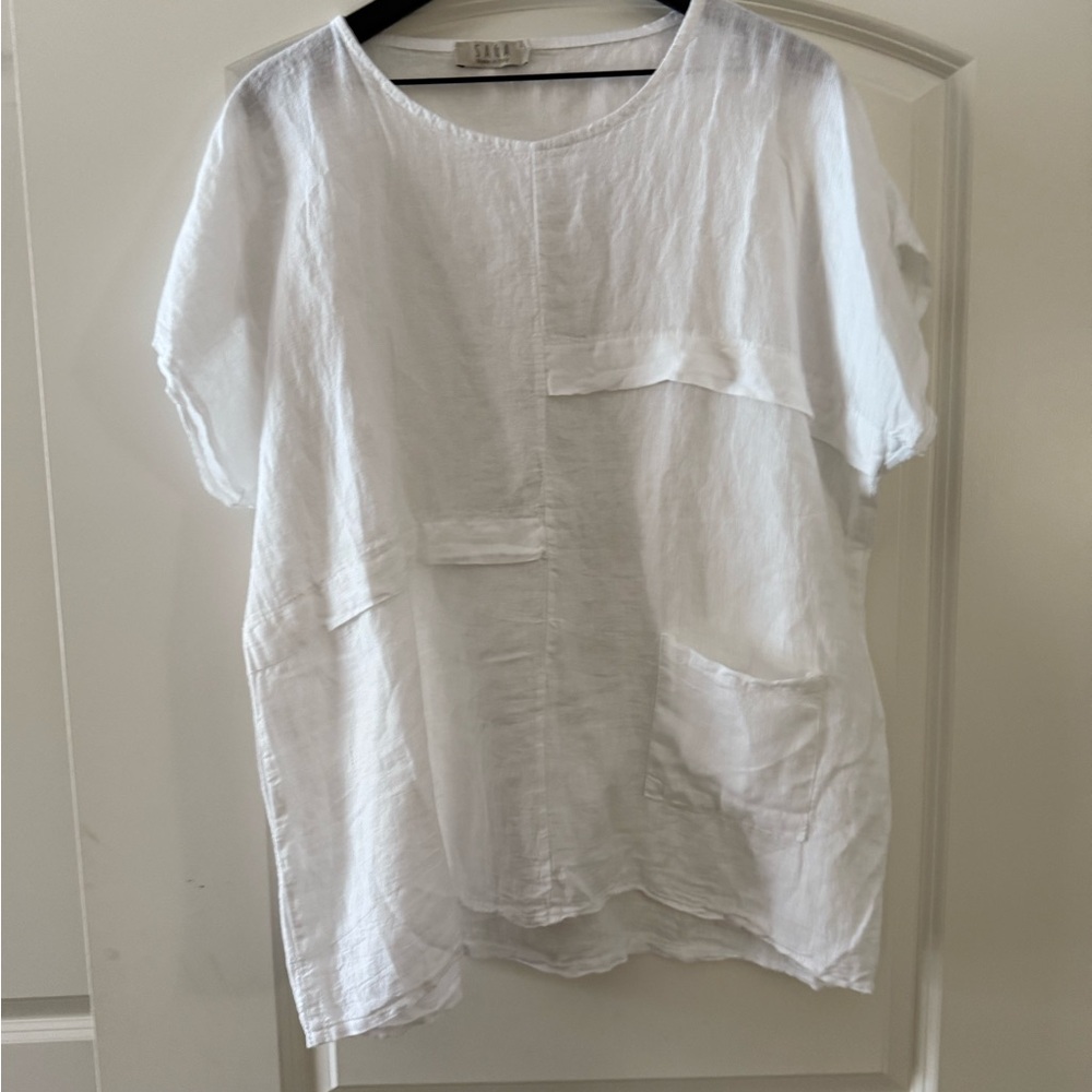 Eileen Fisher White Short Sleeve Bib Collar Blouse